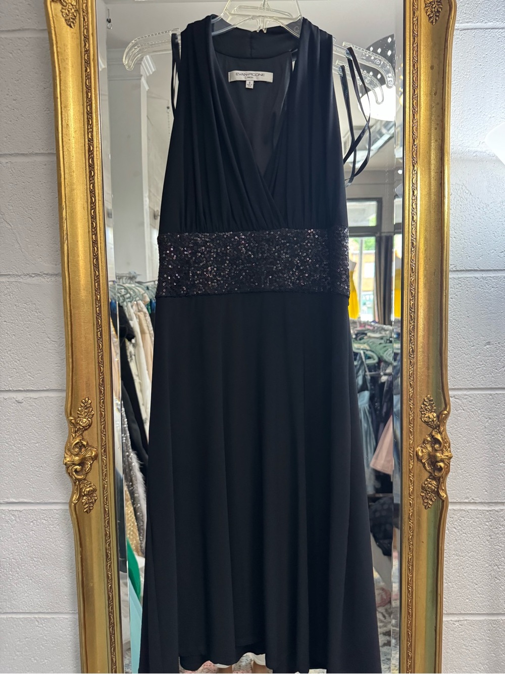 Evan Picone Black One-Shoulder Evening Dress with Sequin Waist